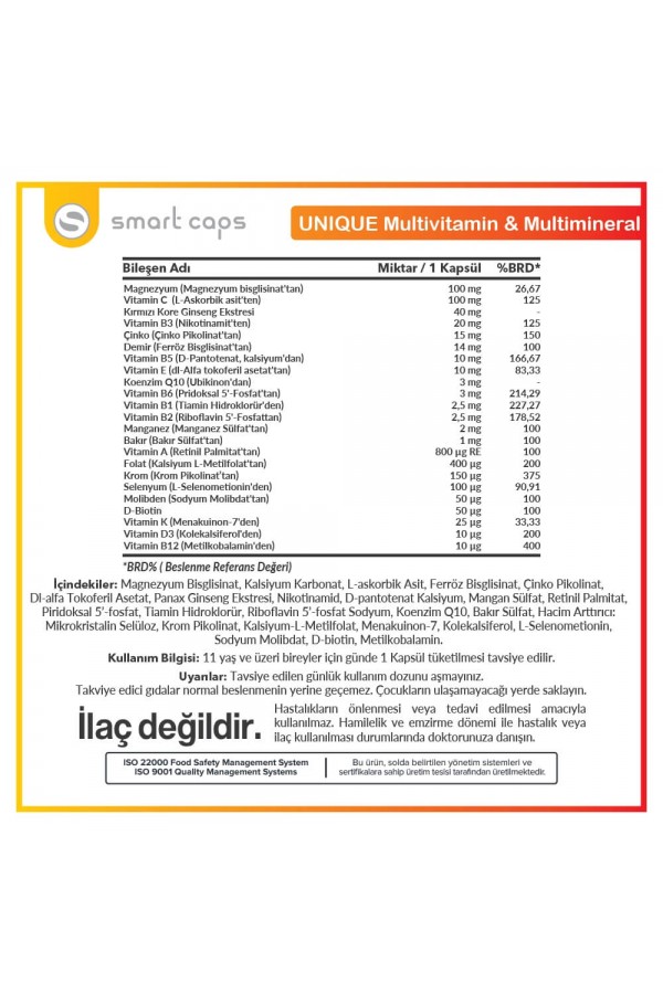 Smart Caps Unique Multivitamin/Multimineral Ginseng, Q10 30 Kapsül